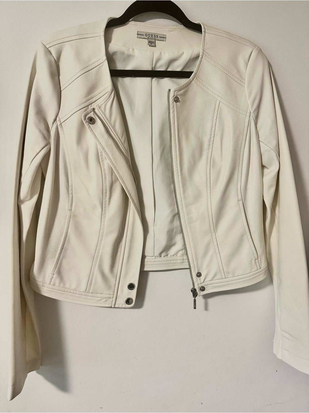 GUESS White Faux Leather Moto Jacket with Snap Details